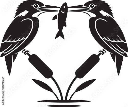 Twin Birds with Fish Emblem for Nature, Balance, Wildlife Illustration, and Logo Design