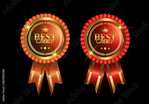 gold best seller, medal with red ribbon vector.Luxury labels banners, gold premium quality certificate ribbons, vector badges, sticker tags for best price product logo icon
