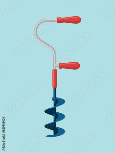 Hand Ice Auger Illustration | Manual Ice Drill Tool Vector on Blue Background