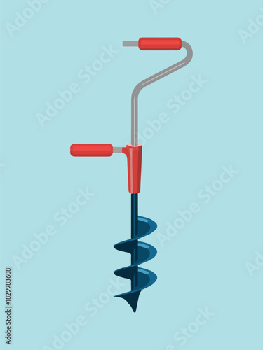 Manual Ice Auger Illustration | Hand-Powered Ice Drill Tool Vector on Blue Background