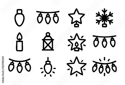 Christmas Lights line icons — string lights, candles, lanterns, and festive holiday decorations — stock vector.