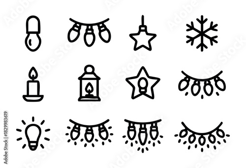 Christmas Lights line icons — string lights, candles, lanterns, and festive holiday decorations — stock vector.