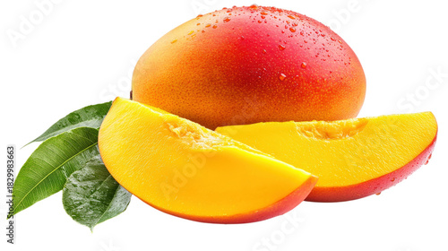 Ripe Mango Slices with Leaves isolated on a transparent background