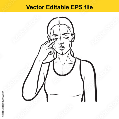 Line art illustration of a woman performing an eye massage or acupressure technique on the inner corner of her eye, isolated on white background