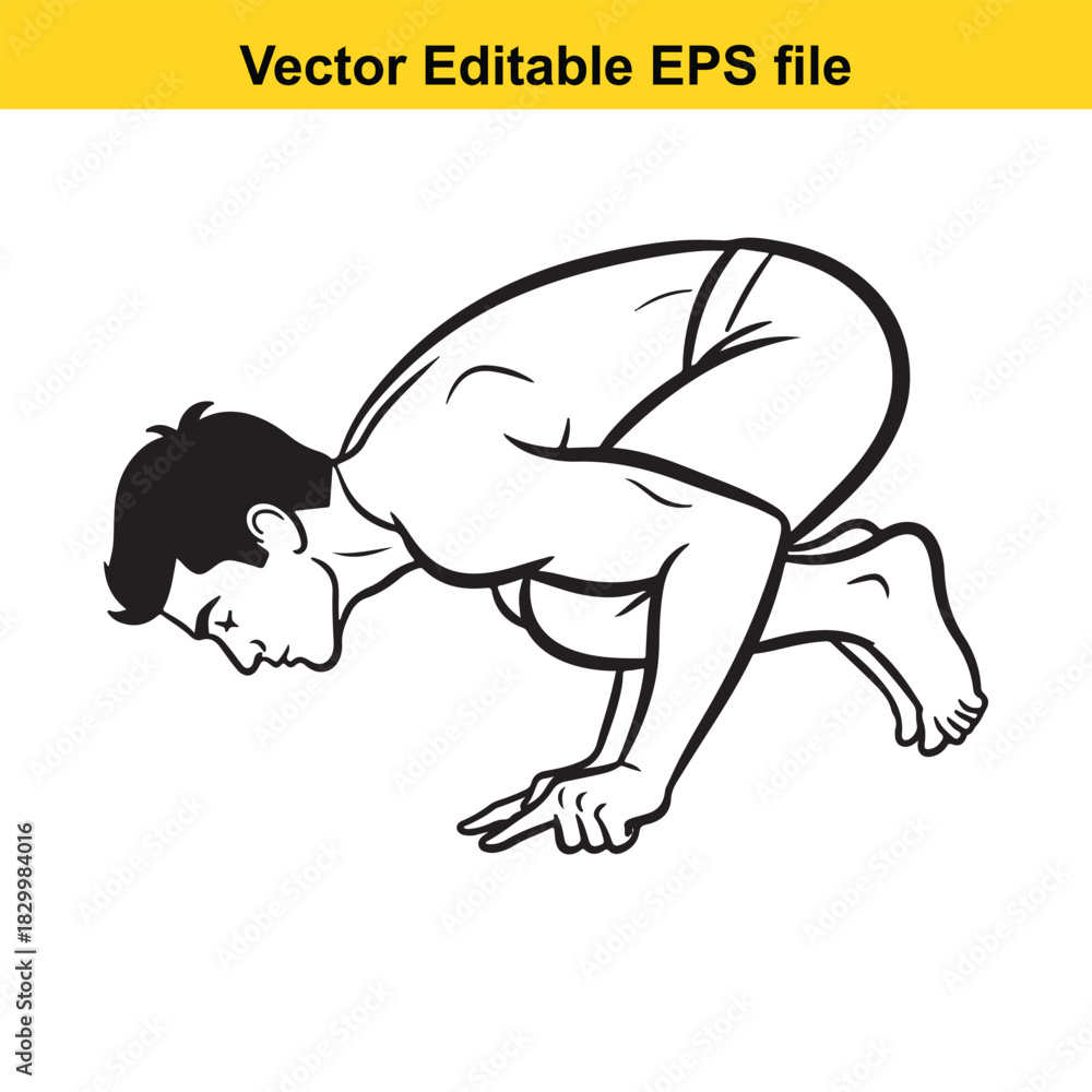 Fototapeta premium Man performing yoga balance pose, black and white line art illustration of a person practicing crane or frog pose isolated on white background