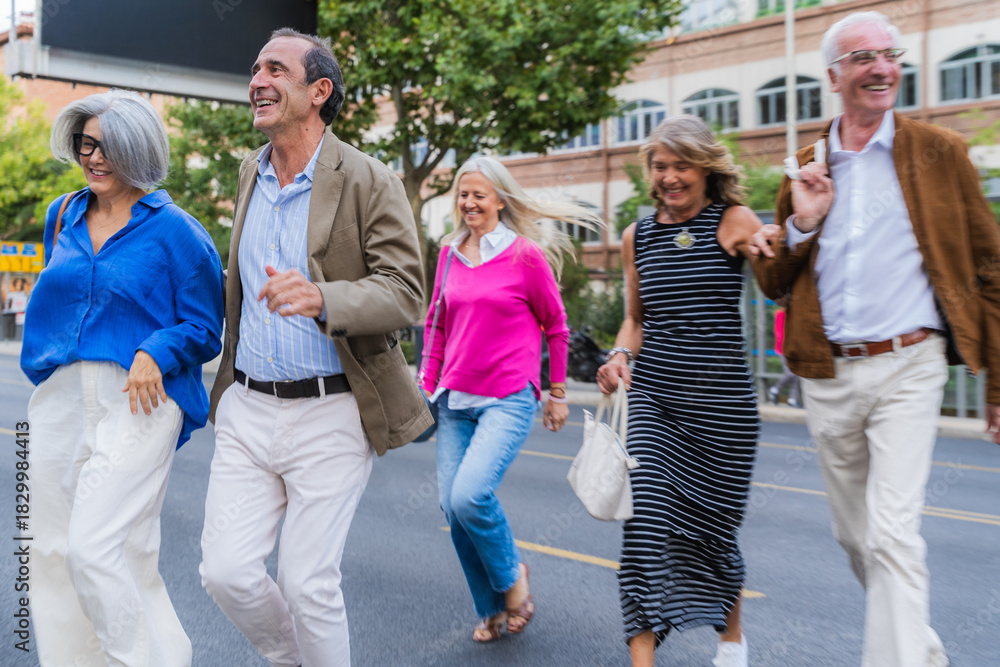 Fototapeta premium Group of senior friends walking happy on city street