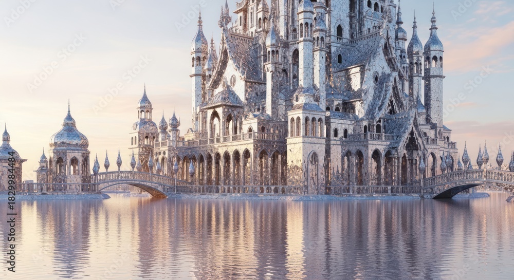 Obraz premium Enchanting Ice Palace Reflected in Serene Frozen Waters at Dawn.