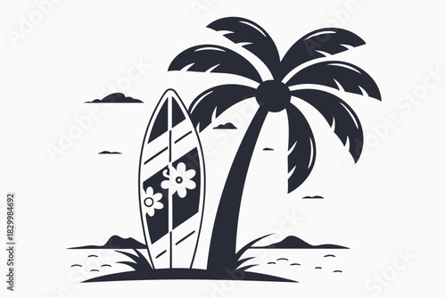 Tropical serenity palm tree and floral surfboard grace the monochrome beach scenery today