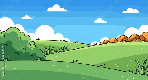 Cartoon landscape illustration featuring rolling green hills, a vibrant blue sky, fluffy white clouds, and a large green bush with rocks.