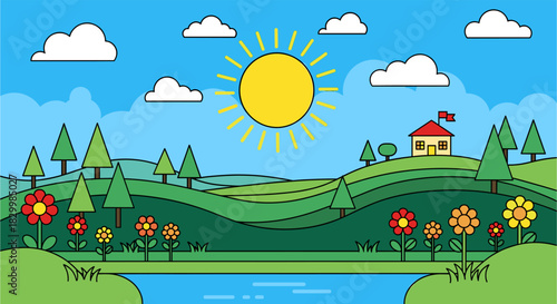 Rural landscape flat design. a charming house, vibrant flowers, green pine trees, rolling hills, calm pond under bright sun, blue sky and white clouds.