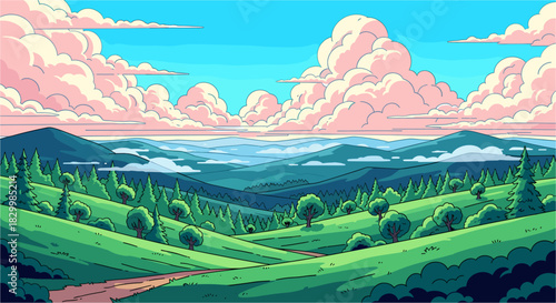 Vibrant animated landscape featuring rolling green hills, lush forest trees, distant blue mountains, and a clear sky adorned with fluffy pink clouds.