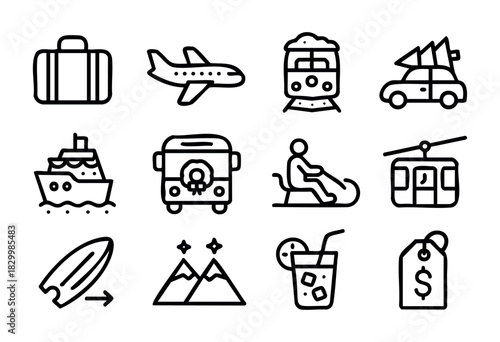 A collection of black outline, hand-drawn icons representing various travel modes, holiday journeys, and seasonal elements, including airplane, train, car, bus, ship, cable car, Santa's sleigh, luggag