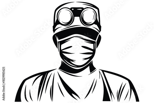 Young healthcare worker with glasses wears surgical mask and surgical cap looking forward