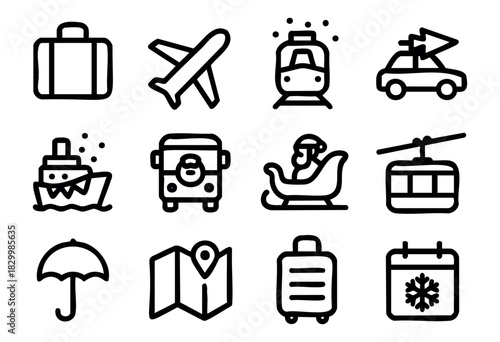 A collection of black outline, hand-drawn icons representing various travel modes, holiday journeys, and seasonal elements, including airplane, train, car, bus, ship, cable car, Santa's sleigh, luggag