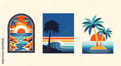 Tropical beach paradise vector illustration set with vibrant sunset views, palm trees, ocean waves, and exotic island landscapes for summer design projects.