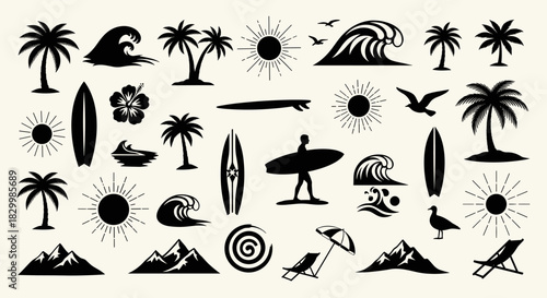 Tropical beach and surf vector silhouettes: palm trees, waves, sun, surfboards, surfer, birds, hibiscus, mountains, umbrella, chair. summer art.