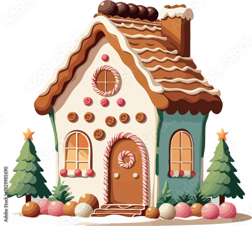 A whimsical gingerbread house decorated with candy buttons, peppermint trim, frosted roof, and festive trees surrounded by colorful holiday sweets.