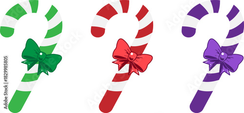 Candy cane icon set with decorative bows christmas holiday vector