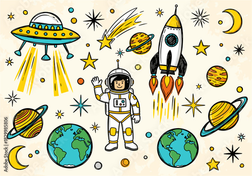 A vibrant, hand drawn space themed collection, including a friendly astronaut, rocket, ufo, earth, planets, stars, and moons, perfect for educational content.