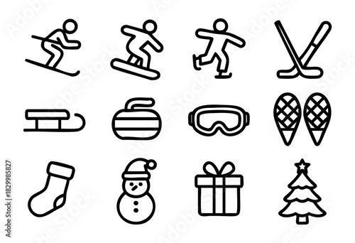 A collection of black outline icons featuring various winter sports and holiday elements, including a skier, snowboarder, ice skater, hockey sticks, sled, curling stone, ski goggles, snowshoes, Christ