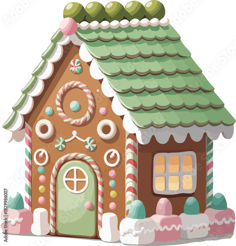 A charming gingerbread house decorated with pastel candies, a green icing roof, glowing windows, candy canes, and sugary frosting details for a festive holiday look.