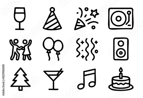 Minimalist black line icons for Christmas and general party celebration, featuring champagne, party hat, confetti, dancing, balloons, music, candy, wine, holiday calendar, and cake.