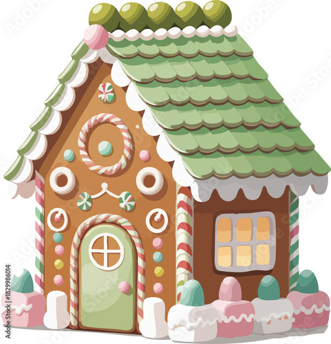 A charming gingerbread house decorated with pastel candies, a green icing roof, glowing windows, candy canes, and sugary frosting details for a festive holiday look.