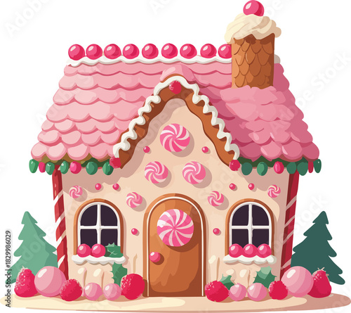 A charming pink gingerbread house decorated with peppermint swirls, candy canes, gumdrops, frosted shingles, and festive berry accents surrounded by snowy evergreens.