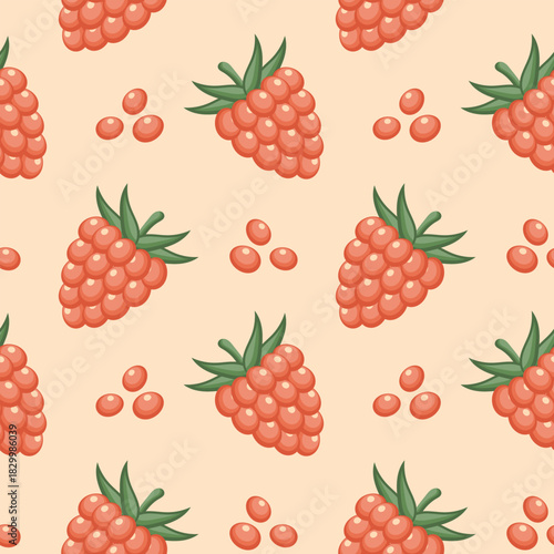 Seamless pattern of raspberries. Cute fruity background.