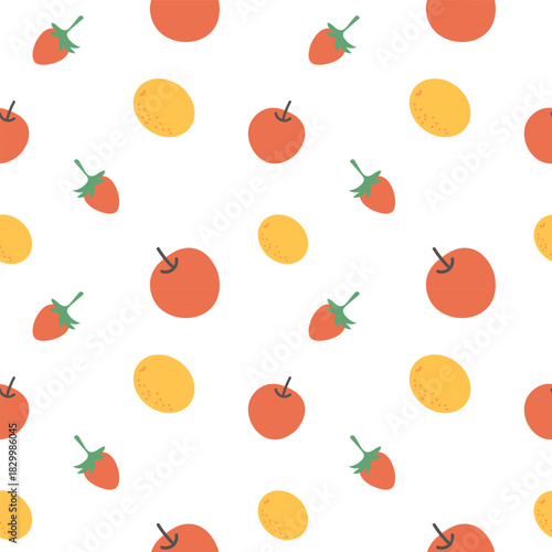 Seamless pattern of apples, strawberries, and lemons. Cute fruity background.