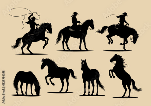 Cowboy and horse silhouettes vector set: dynamic western riders roping, bucking, and various standalone equine poses, ideal for theme design.