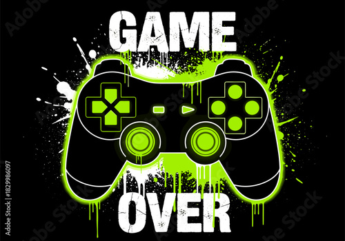 Game over graphic design featuring a stylized video game controller with neon green accents and grunge splatter effects, symbolizing the end of a digital challenge.