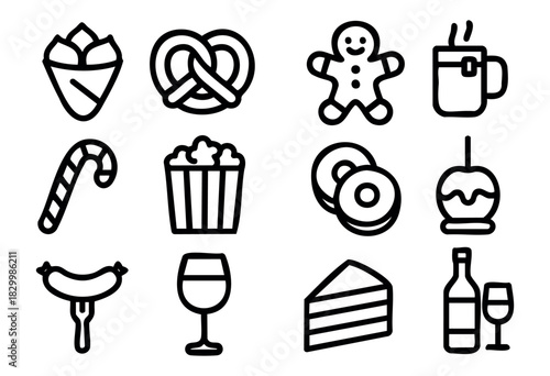 A diverse collection of outline icons featuring various food and drink items, including desserts, snacks, and beverages, rendered in a simple black line art style.