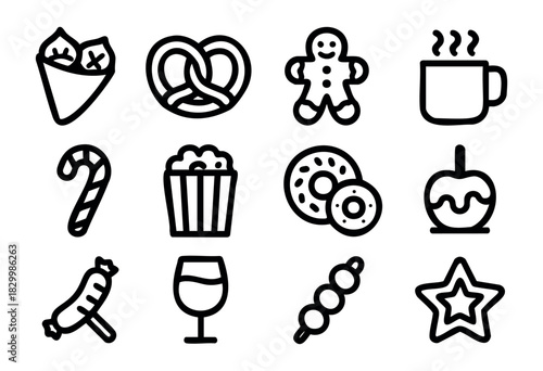 A diverse collection of outline icons featuring various food and drink items, including desserts, snacks, and beverages, rendered in a simple black line art style.