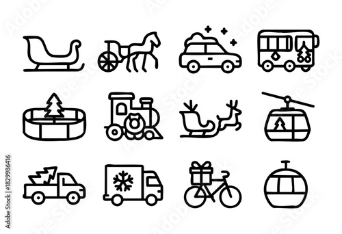 A collection of twelve black outline icons featuring various winter holiday and travel themes, including sleighs, reindeer, trains, cars with snow, a Christmas bus, a cable car, and a festive gift on 