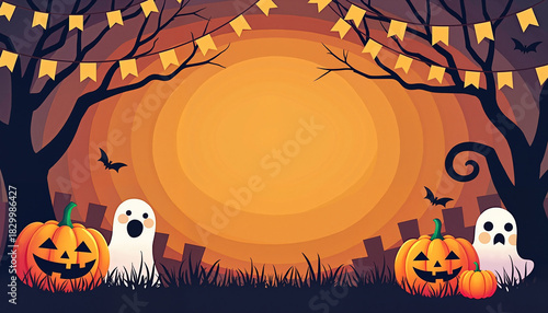Halloween background with pumpkins and ghosts
