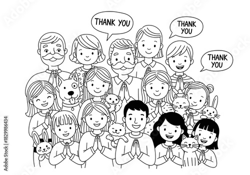 Smiling diverse group of adults, children, and pets expressing gratitude with 'thank you' speech bubbles and traditional wai gesture, symbolizing unity.