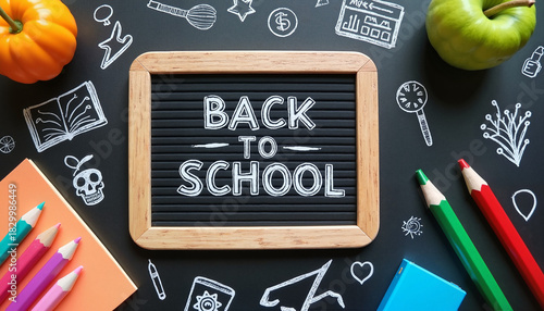 Back to school sign with colorful school supplies and doodles

