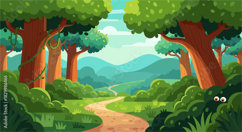 Cartoon forest landscape with a winding dirt path, tall trees, lush green foliage, distant mountains, blue sky, and a hidden creature.