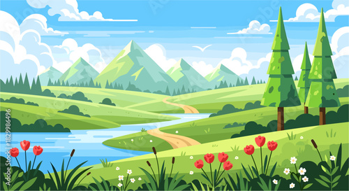 Vibrant natural landscape vector illustration with a winding river, rolling green hills, majestic mountains, and a clear blue sky with fluffy clouds. tranquil springtime vista for outdoor themes.