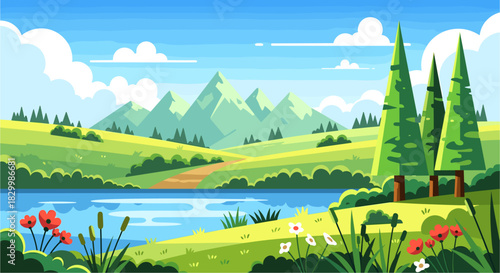 Idyllic cartoon landscape with towering green mountains, lush rolling hills, a serene blue lake, and vibrant wildflowers under a clear sky. a peaceful nature scene.