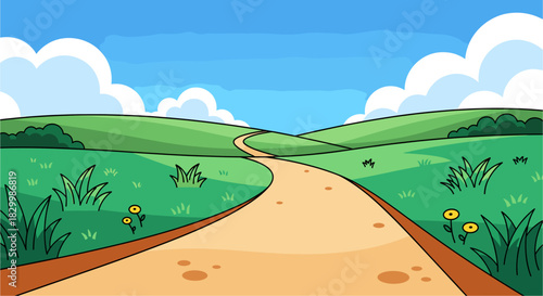 Whimsical cartoon illustration of a winding dirt path traversing through vibrant green rolling hills under a bright blue sky with fluffy white clouds.