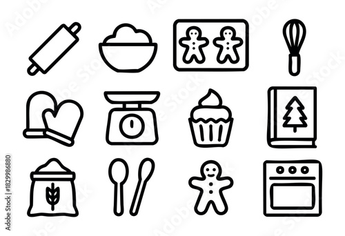 A set of minimalist line art icons depicting baking and holiday-themed items, including kitchen utensils like a rolling pin, whisk, and bowl, alongside festive treats such as gingerbread men, a Christ