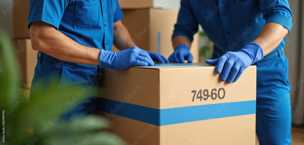 Naklejka premium Two professional movers in blue uniform work together carefully. Pack brown cardboard box with blue tape. Men wear protective gloves, organize household items for client relocation. Team prepares