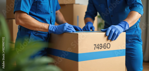 Two professional movers in blue uniform work together carefully. Pack brown cardboard box with blue tape. Men wear protective gloves, organize household items for client relocation. Team prepares