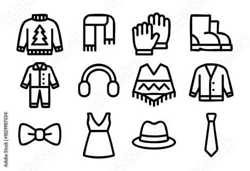 An array of clothing and accessory icons are neatly arranged on a white backdrop, creating a cohesive visual collection. The icons offer a simple yet effective way to communicate style and seasonality