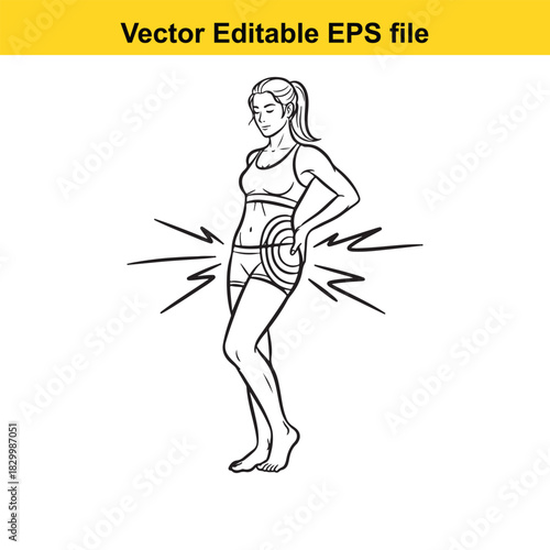 Line art vector illustration of a woman experiencing hip and lower back pain, isolated on white background