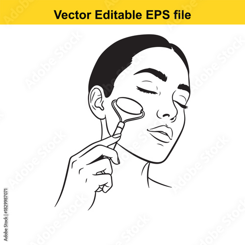 Line art illustration of a woman using a jade roller on her face for skincare and beauty routine, isolated on white background