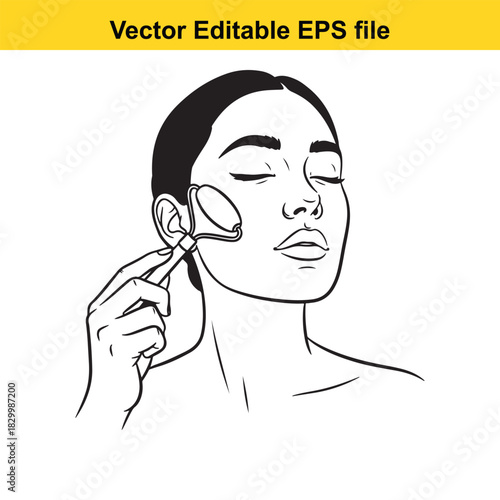 Black and white line art drawing of a woman using a jade roller on her face for skincare routine, isolated on white background