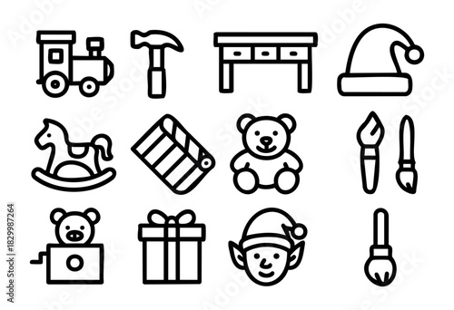 Santa's Workshop line icons — toy making, elf helpers, and Christmas gift preparation symbols — stock vector.